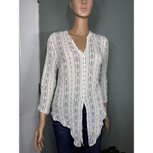 Bécool Striped Split Neck Tunic Blouse White/Blue 3/4 Sleeve Rayon M Lightweight